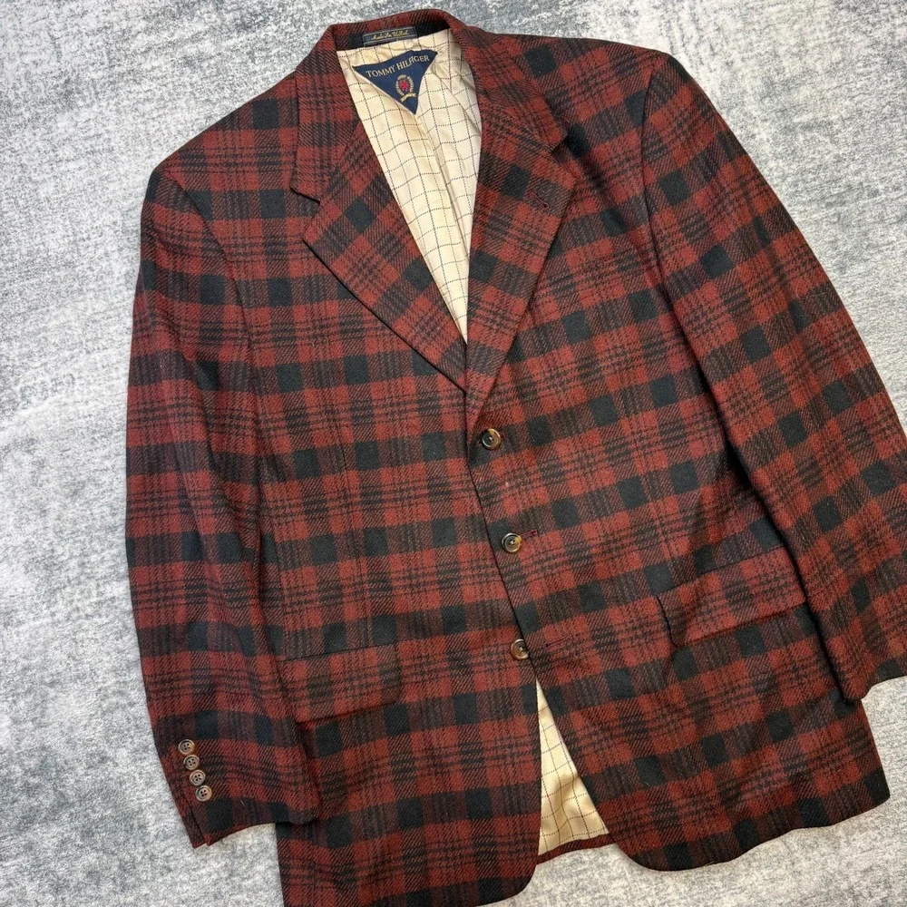 VTG Tommy Hilfiger Blazer Jacket Mens 42 Red Plaid Tweed Wool Sport Coat Preppy